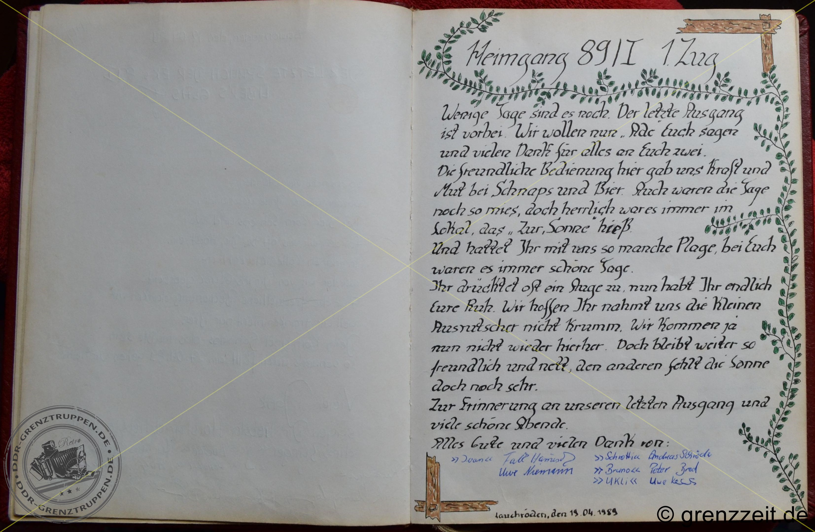 Die Heimgänger vom April 1989 verabschieden sich mit einem Eintrag im Grenzbuch bei Britta & Horst.