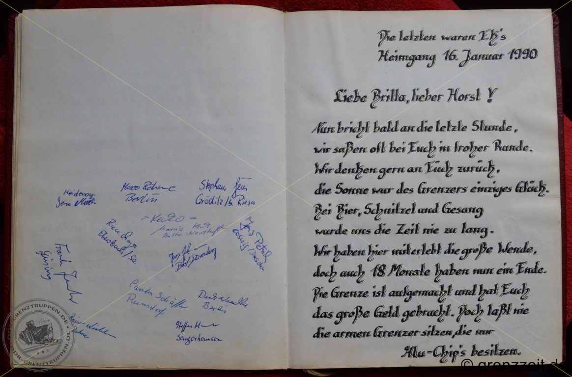 Die Heimgänger vom April 1990 verabschieden sich mit einem Eintrag im Grenzbuch bei Britta & Horst.